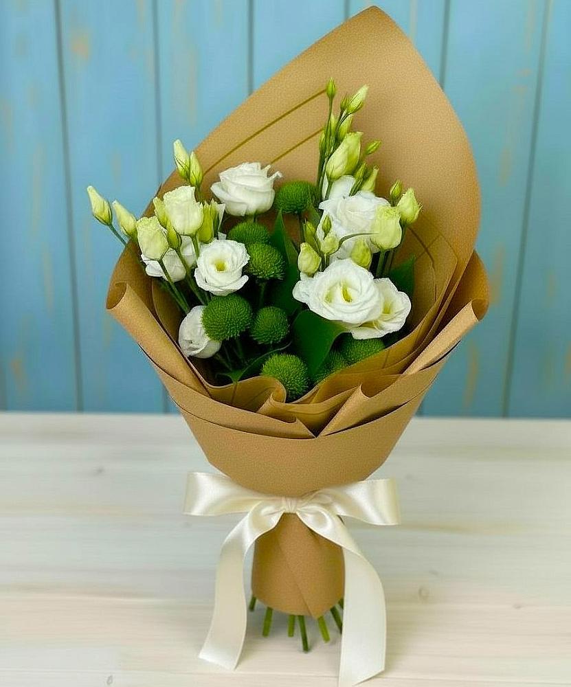 Букет цветов из: Хризантемы и Лизиантусы в Дне