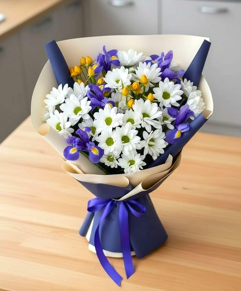 Букет цветов из: Розы, Ирисы и Хризантемы в Дне