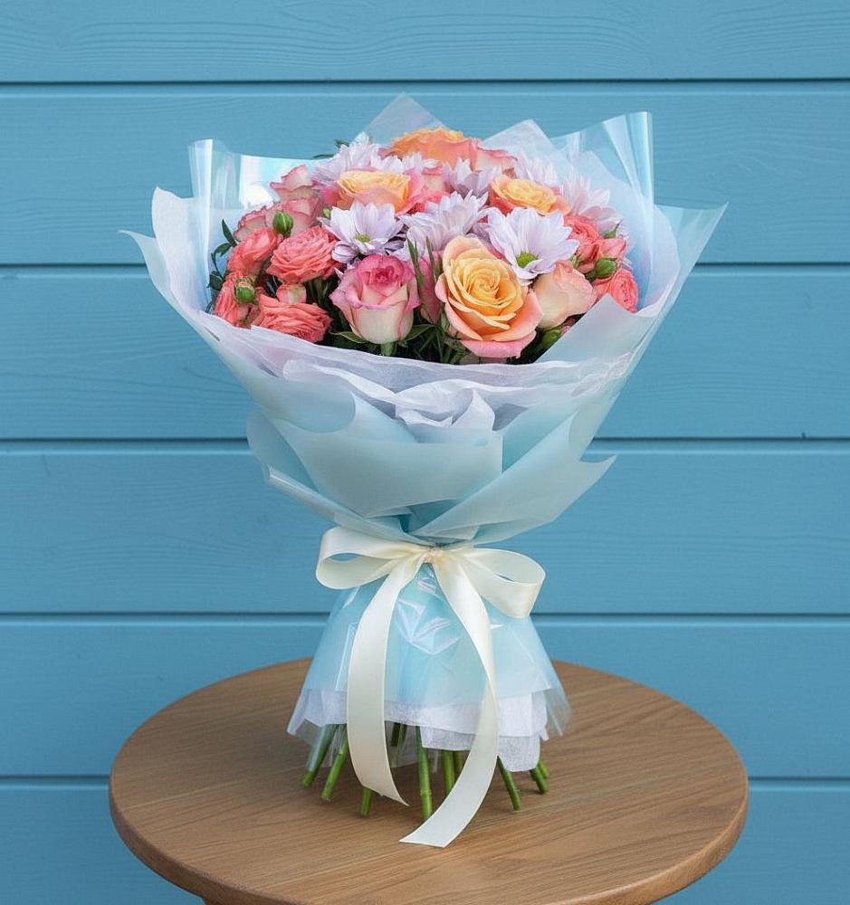 Букет цветов из: Хризантемы и Розы в Дне